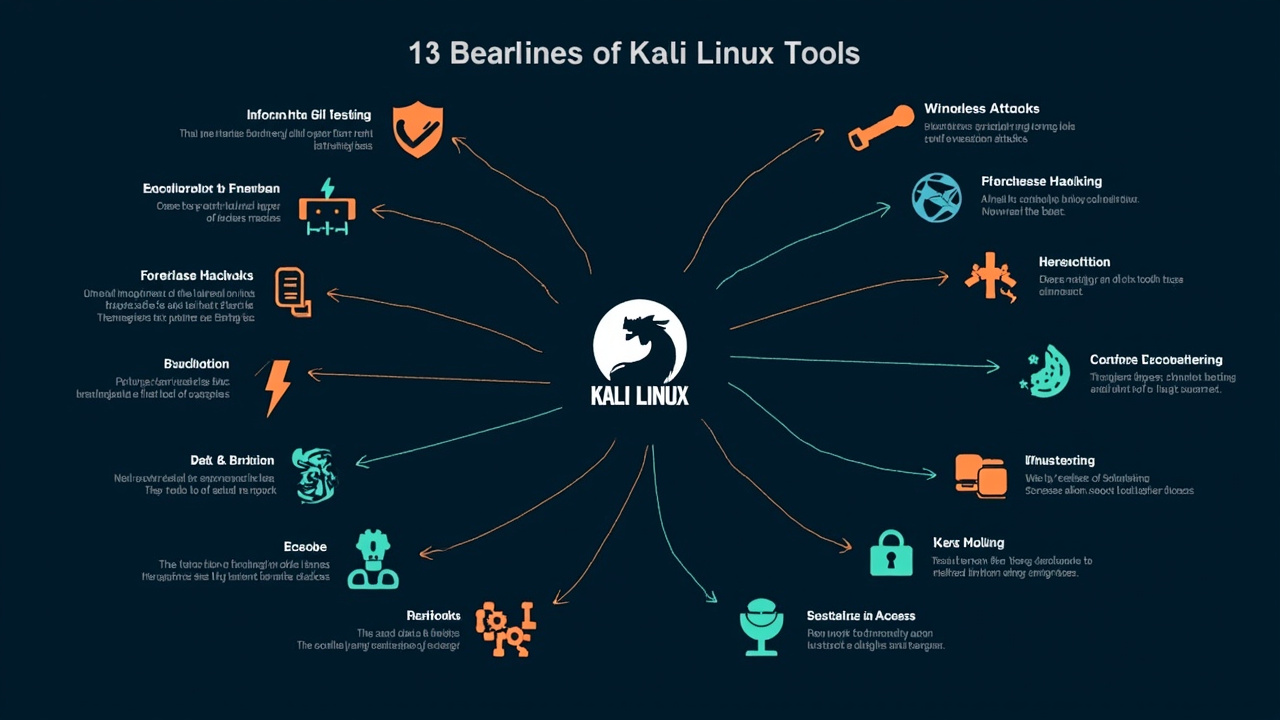 Mind map 13 категорий инструментов Kali вокруг логотипа дракона